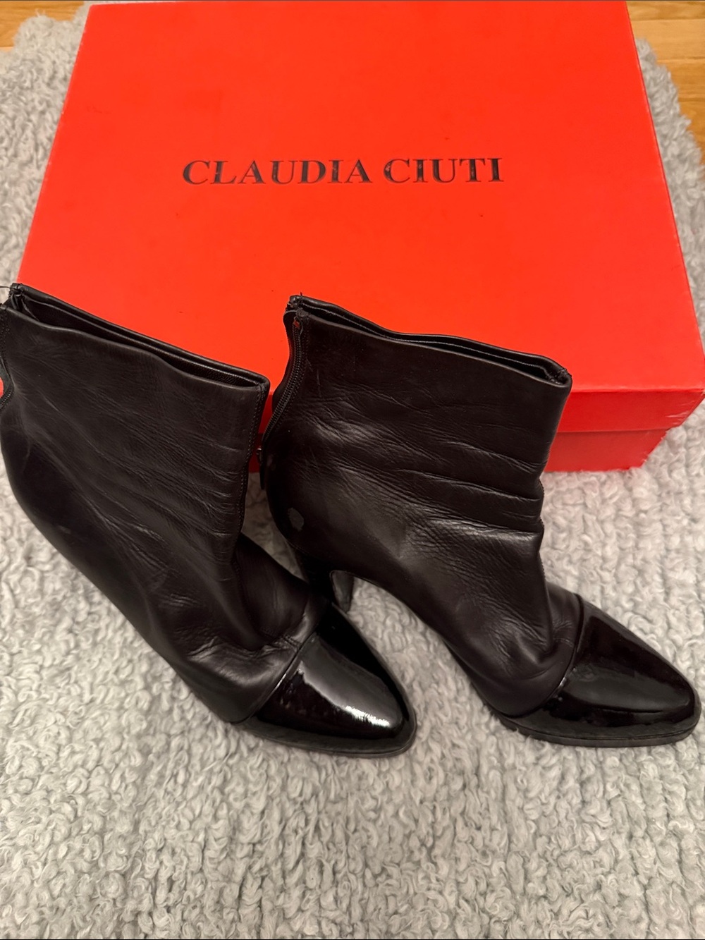 Claudia Ciuti Black Leather Ankle Booties with Patent Toe